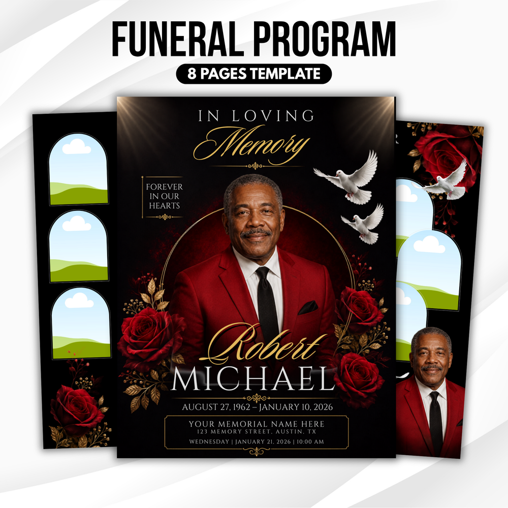 Red & Black Floral Funeral Program Template, 8-Page Memorial (Canva, PDF)
