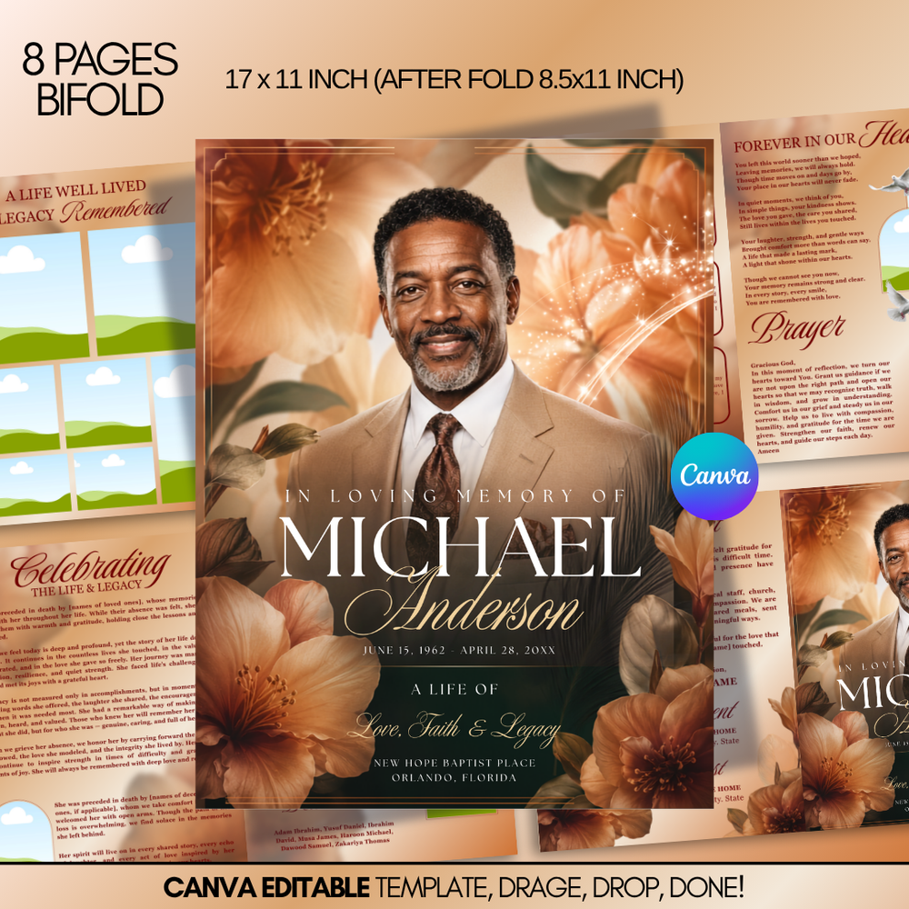 Orange Roses Funeral Program Template, Memorial Obituary (Canva Template)