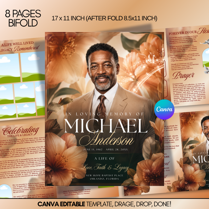Orange Roses Funeral Program Template, Memorial Obituary (Canva Template)