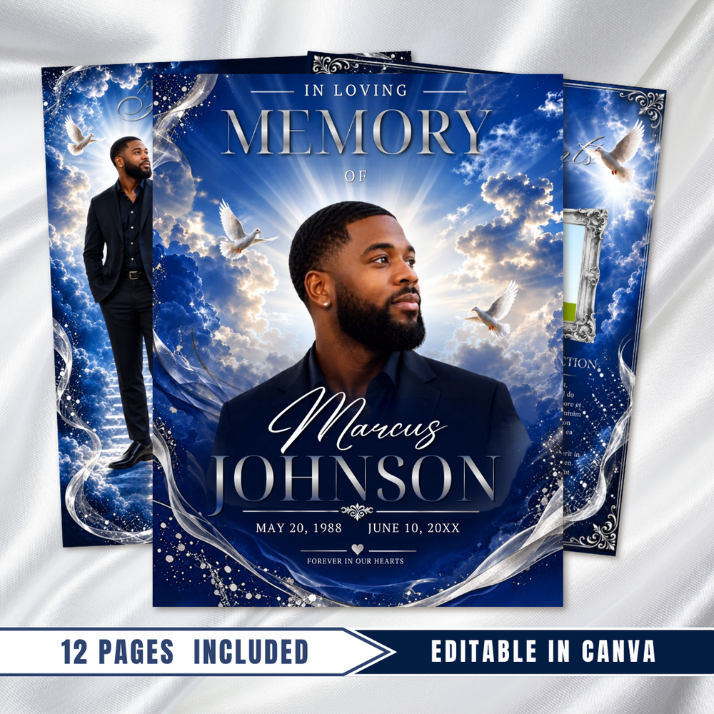 Blue & Silver Funeral Program Template: 8-Page Memorial (Canva PDF)