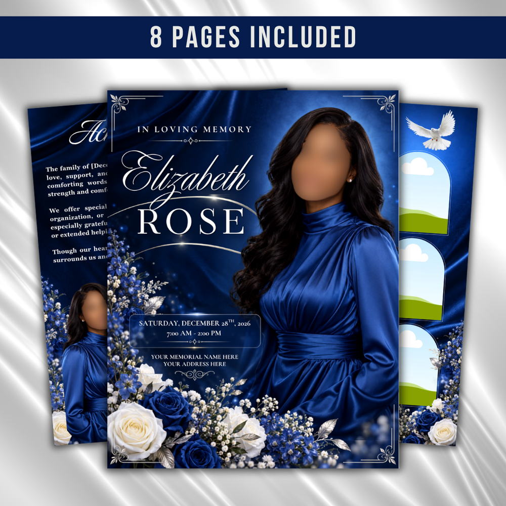 Blue Funeral Program Template: 8-Page Memorial (Canva PDF)