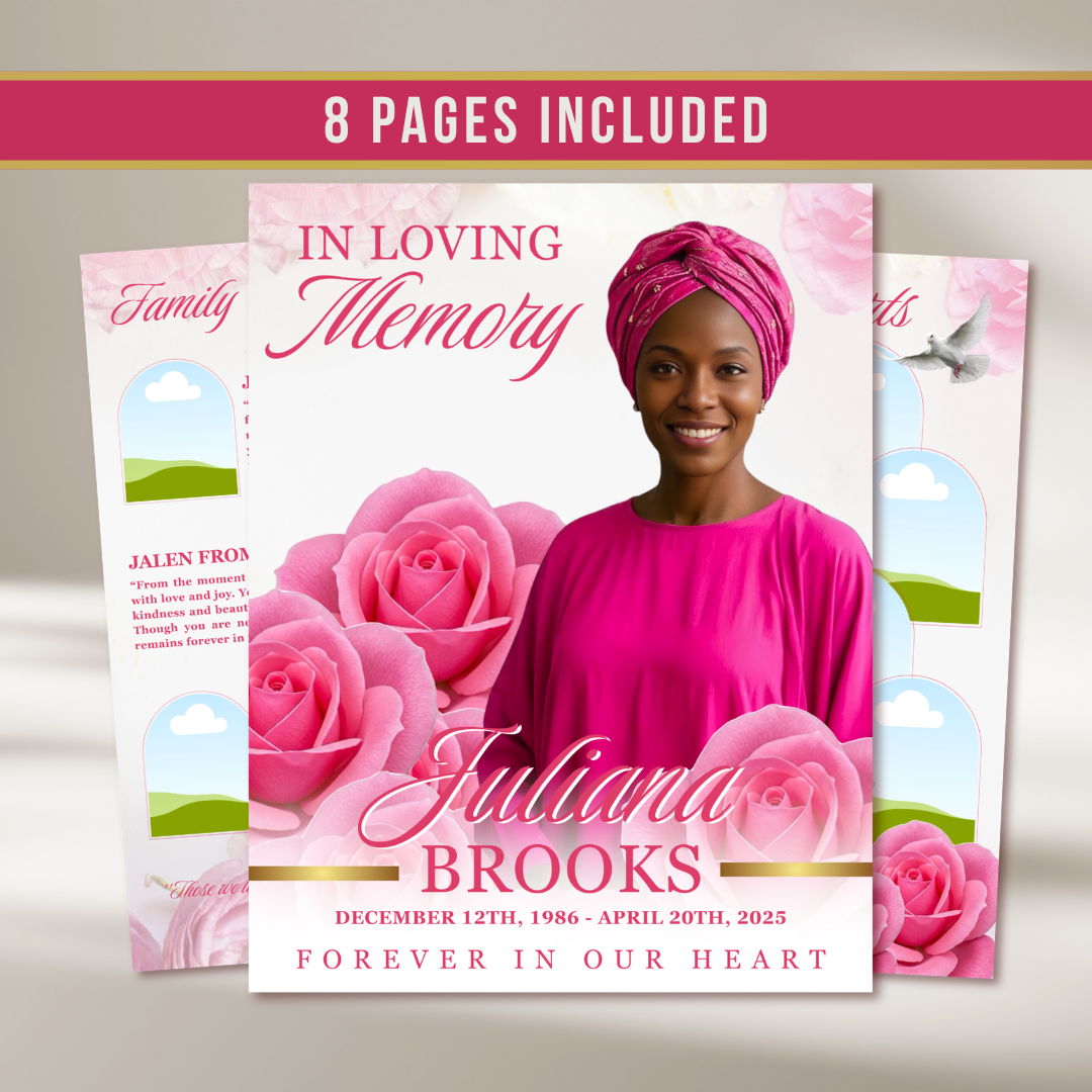 Pink Roses Funeral Program Template: Celebration of Life (Canva, 8 Pag ...