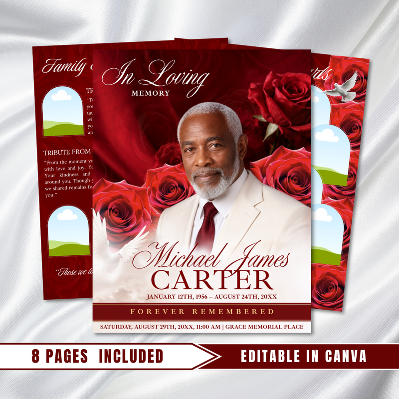 Red Funeral Program Canva Template | Red Theme | 8 Page Memorial Booklet