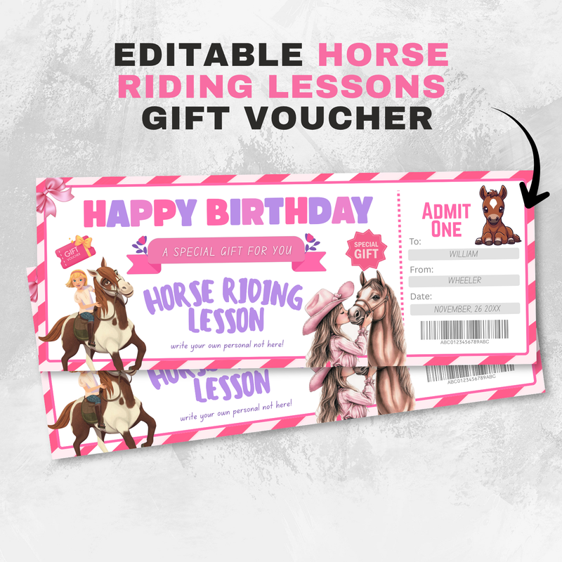 Horse Riding Lessons Gift Voucher, Editable Birthday Ticket (Canva PDF)