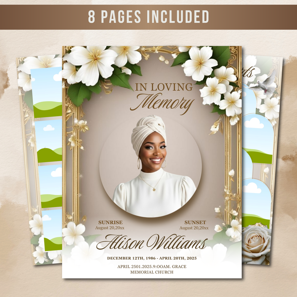 White Roses Funeral Program Template: 8-Page Memorial (Canva PDF)