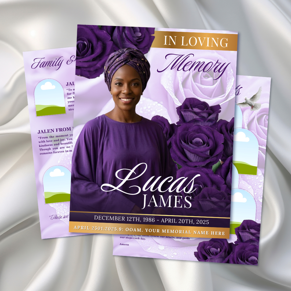 Purple & Gold Roses Funeral Program Template, Memorial Obituary (Canva Template)