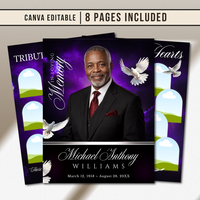Purple Funeral Program Canva Template | 8 Page Memorial Booklet