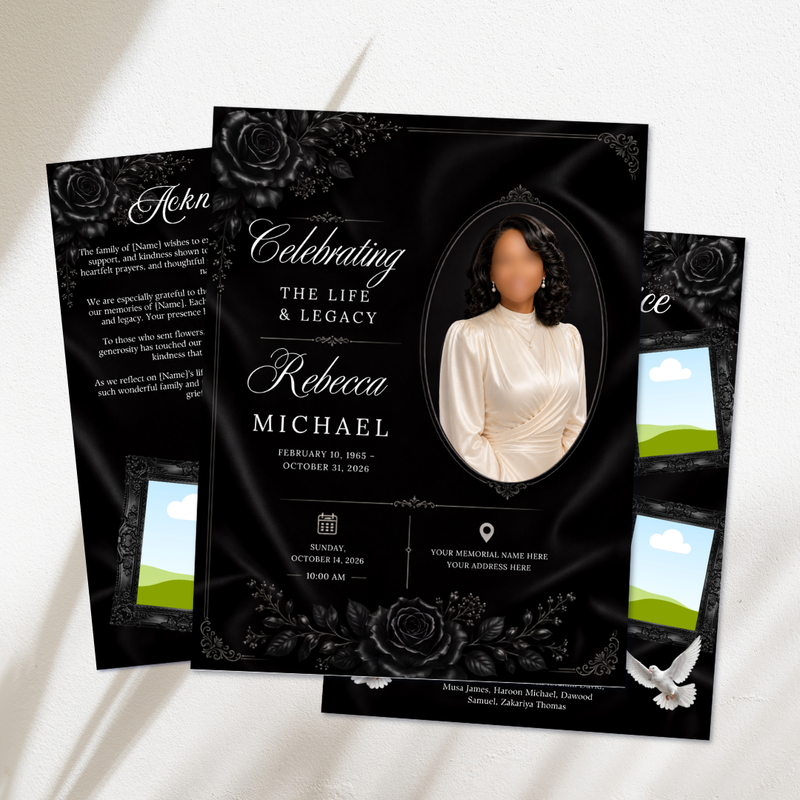 Black Funeral Program Template: 8-Page Memorial (Canva PDF)