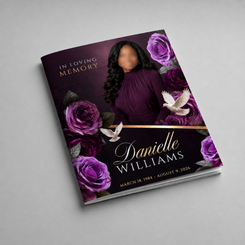 Purple Roses Funeral Program Template: 8-Page Memorial (Canva PDF)