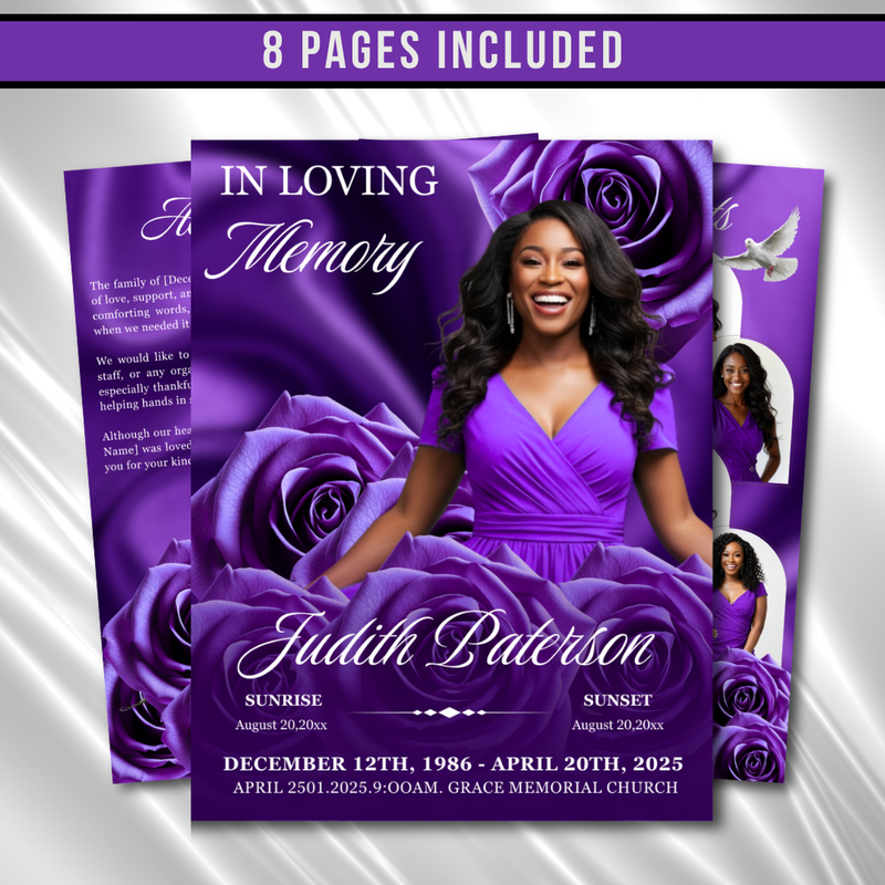 Royal Purple Roses Funeral Program Template: 8-Page Memorial (Canva PDF)