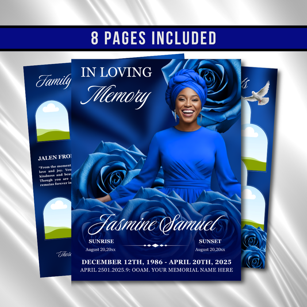 Royal Blue Roses Funeral Program Template: 8-Page Memorial (Canva PDF)