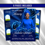 Royal Blue Roses Funeral Program Template: 8-Page Memorial (Canva PDF)
