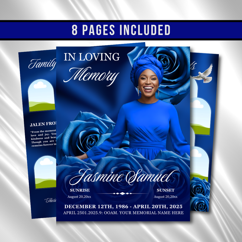 Royal Blue Roses Funeral Program Template: 8-Page Memorial (Canva PDF)