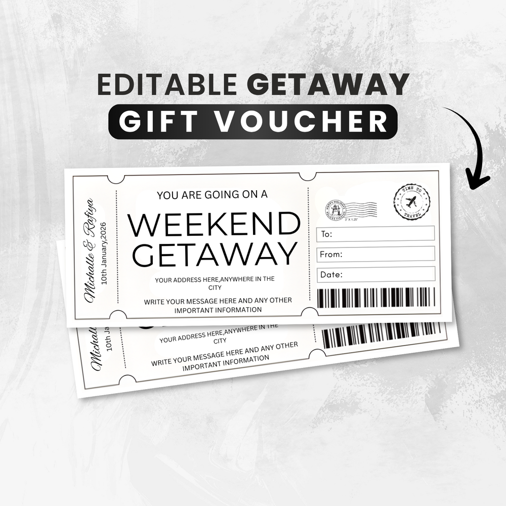 Getaway Gift Voucher, Editable Travel Coupon Ticket, Printable Trip Away Certificate Template (Digital Download)