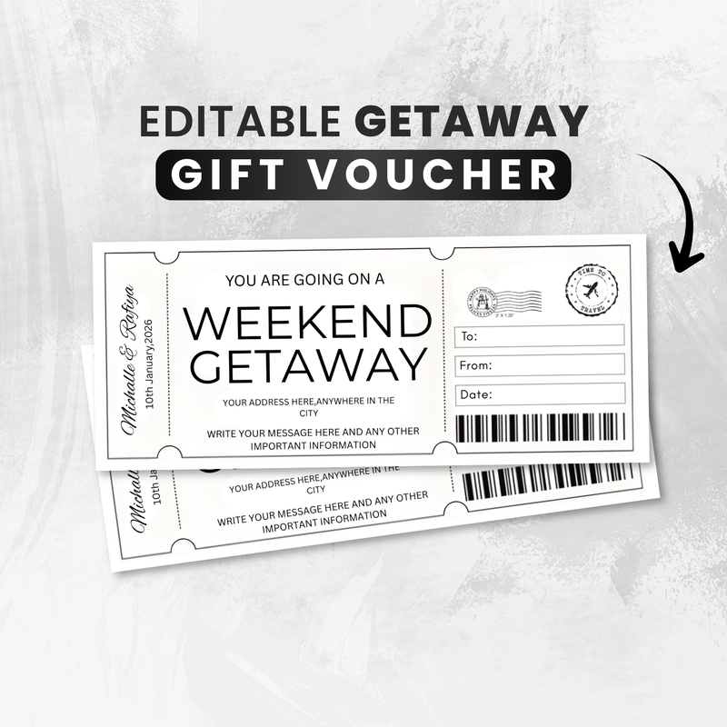 Getaway Gift Voucher, Editable Travel Coupon Ticket, Printable Trip Away Certificate Template (Digital Download)