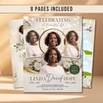 White & Gold Elegant Funeral Program Canva Template | White Rose Green Gold Theme | 8 Page Memorial Booklet