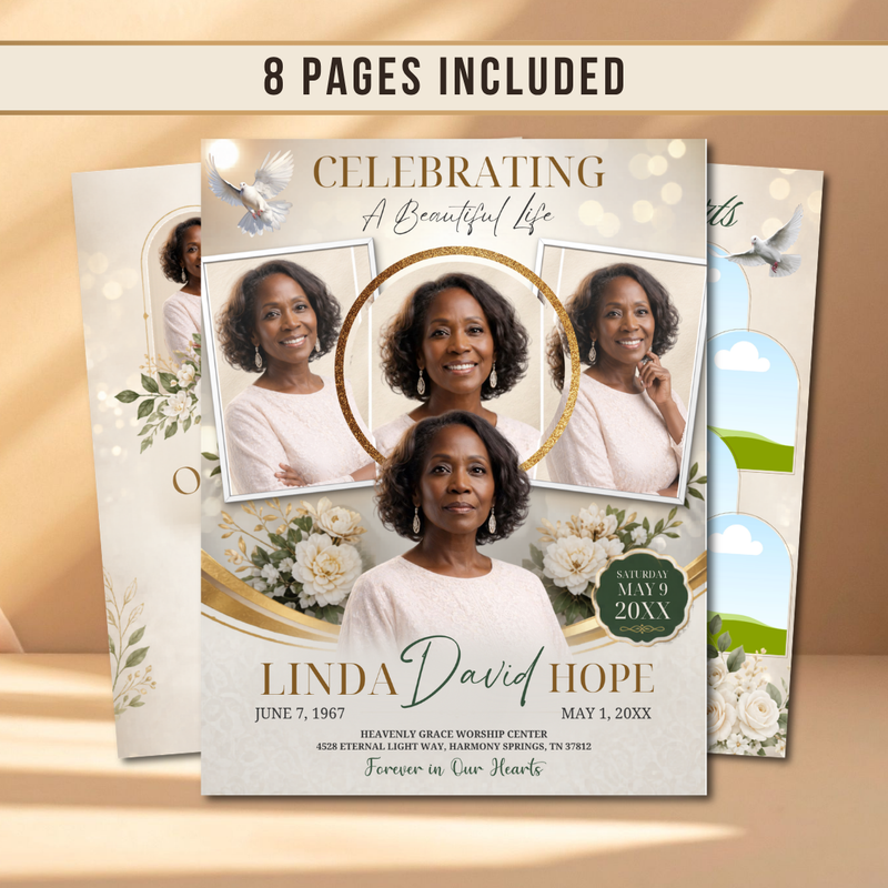 White & Gold Elegant Funeral Program Canva Template | White Rose Green Gold Theme | 8 Page Memorial Booklet