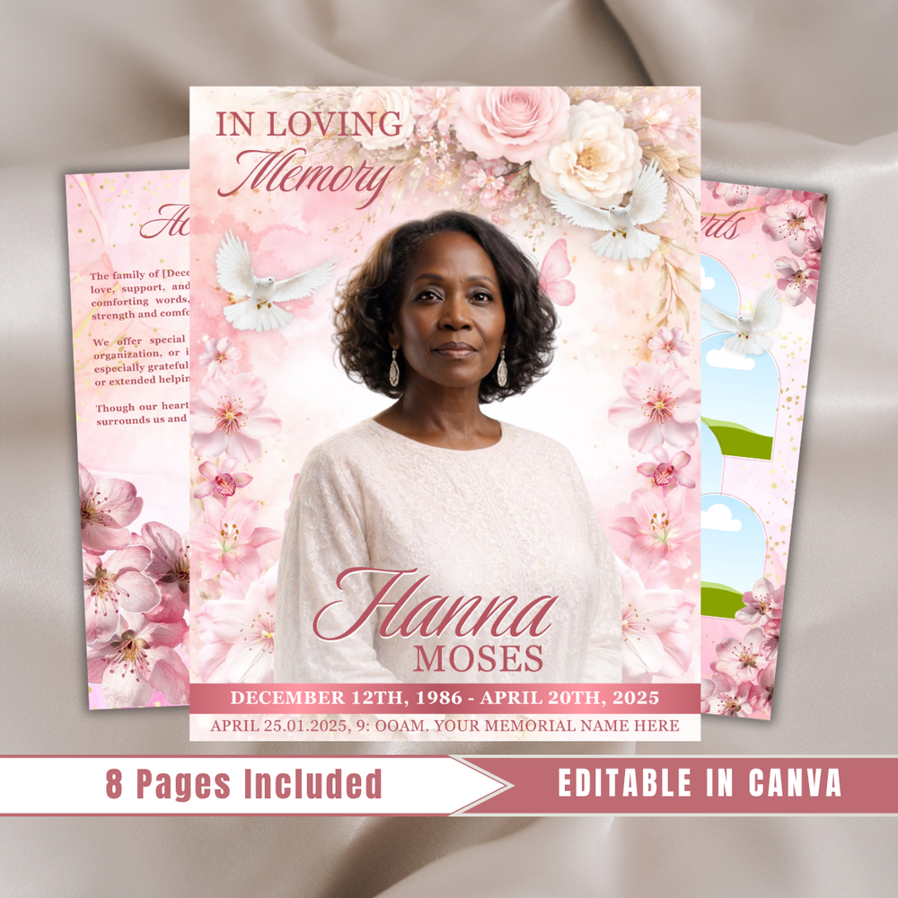 White & Pink Roses Funeral Program Template: 8-Page Celebration of Life (Canva, PDF Download)