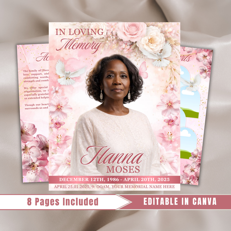 White & Pink Roses Funeral Program Template: 8-Page Celebration of Life (Canva, PDF Download)