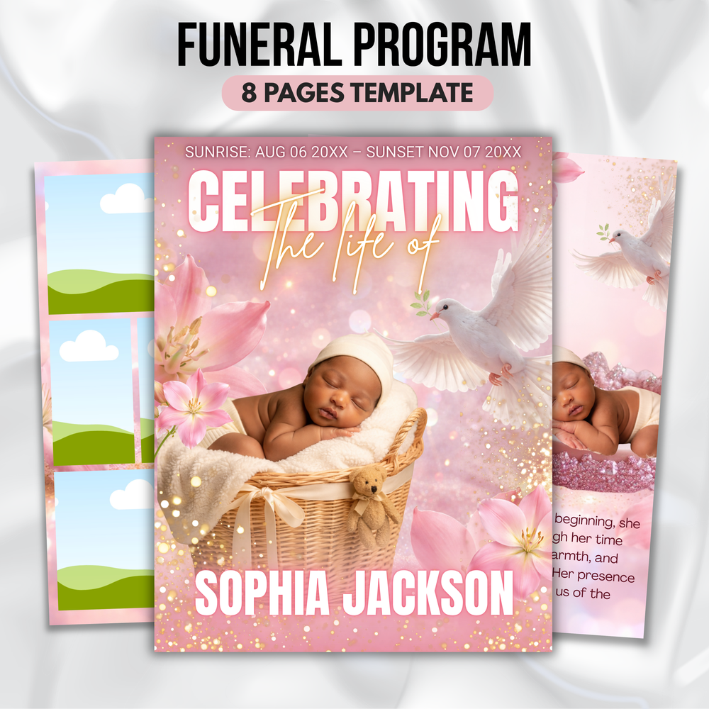 Baby Girl Funeral Program Template, 8-Page Memorial (Canva, PDF)