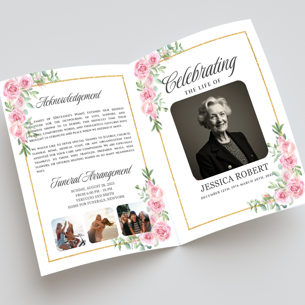 Blush Floral Funeral Program Template: Elegant Celebration of Life (Canva PDF)