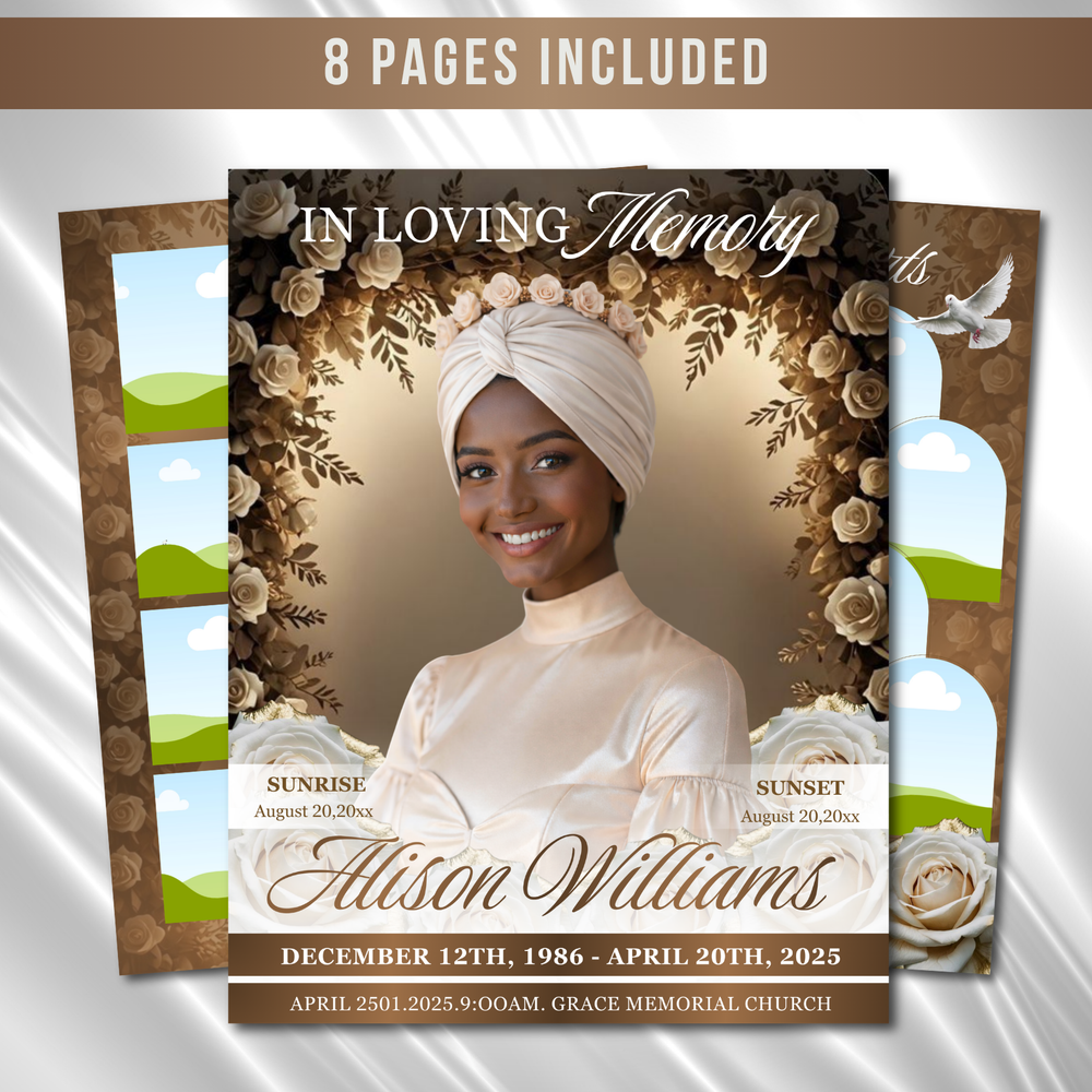 Brown Roses Funeral Program Template: 8-Page Memorial (Canva PDF)