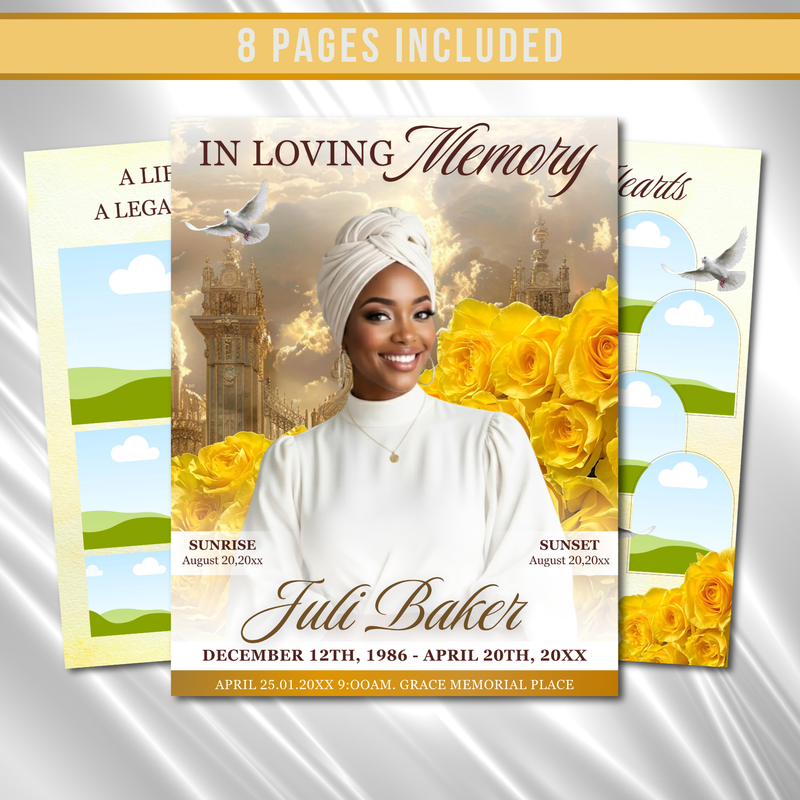 Yellow & Brown Roses Funeral Program Template: 8-Page Memorial (Canva PDF)