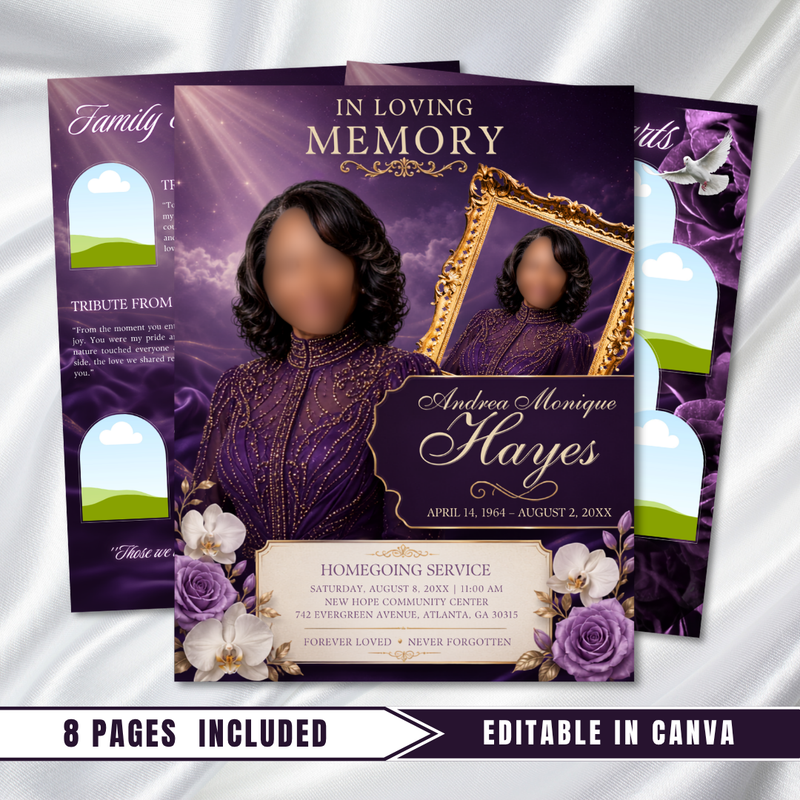 Purple & Gold Funeral Program Template: 8-Page Memorial (Canva PDF)