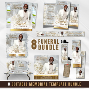 White & Green Roses Funeral Program Template: 8-Page Memorial (Canva PDF)