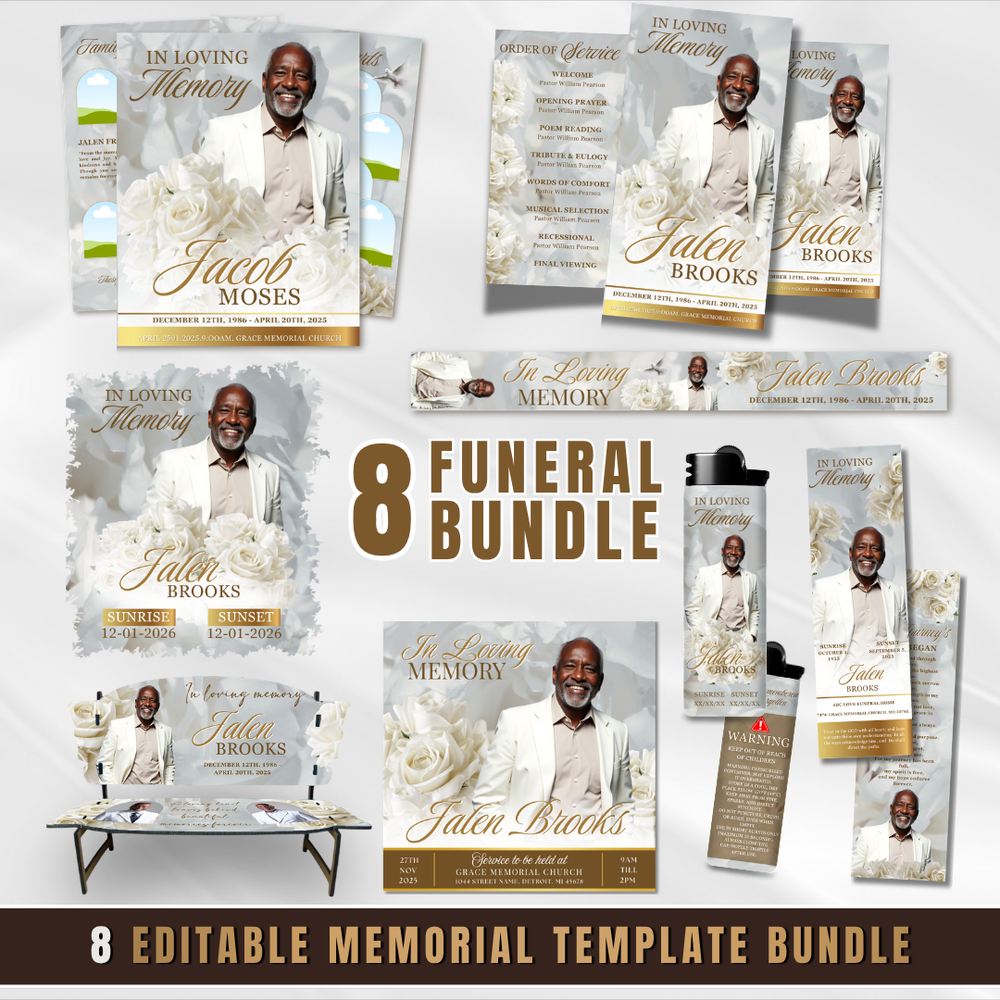 White & Green Roses Funeral Program Template: 8-Page Memorial (Canva PDF)