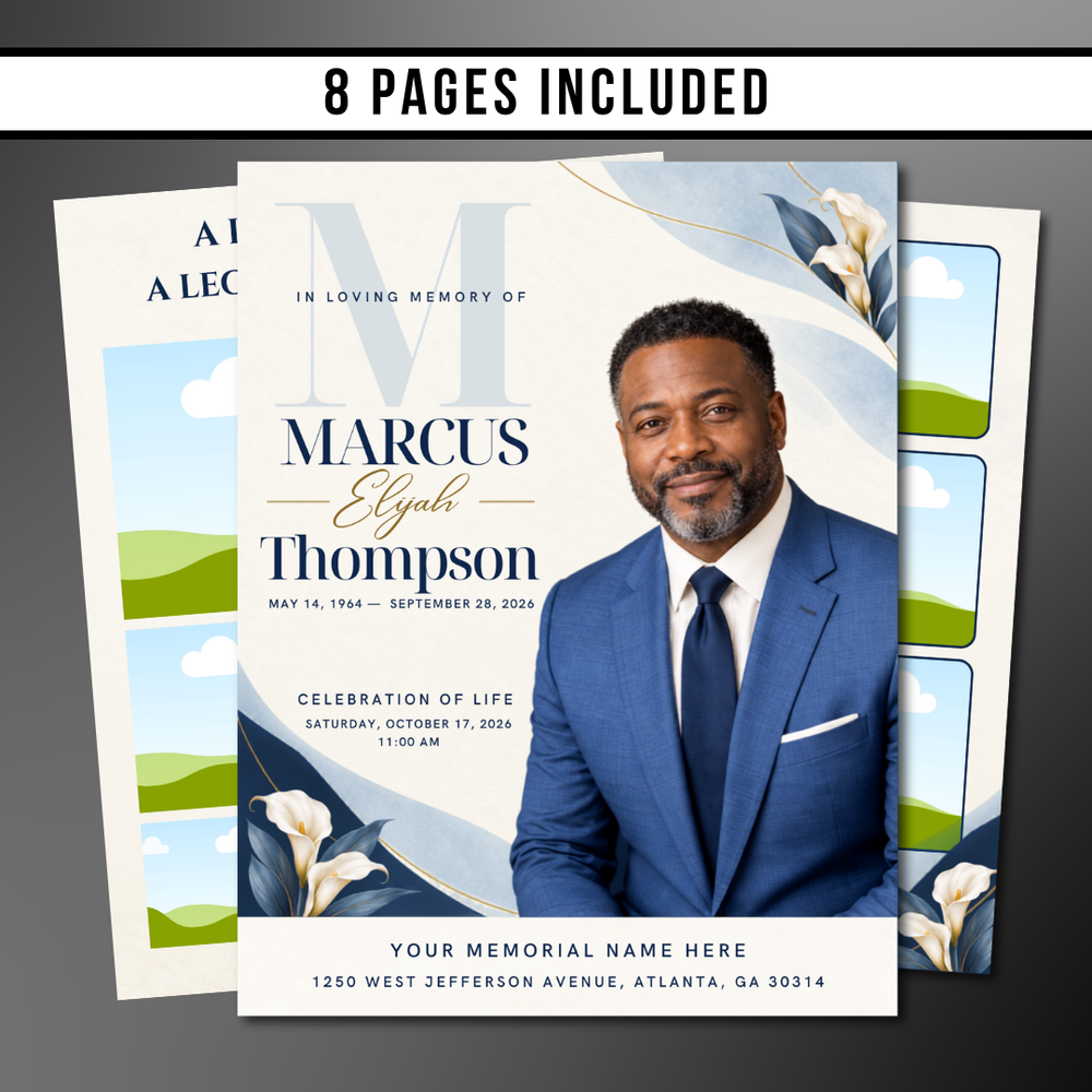 Blue & White Funeral Program Template: 8-Page Memorial (Canva PDF)