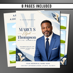 Blue & White Funeral Program Template: 8-Page Memorial (Canva PDF)