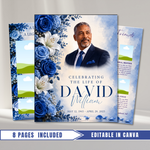 Blue & White Funeral Program Template: 8-Page Memorial (Canva PDF)