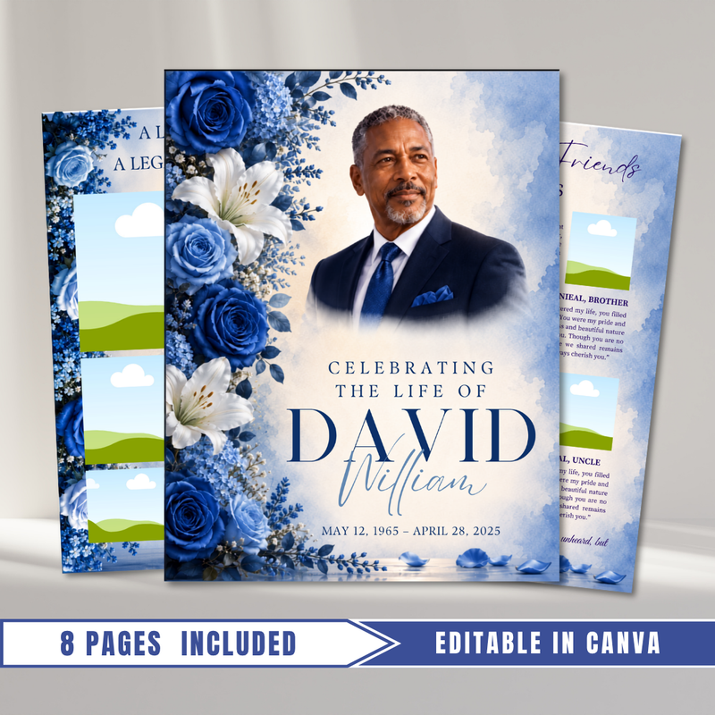 Blue & White Funeral Program Template: 8-Page Memorial (Canva PDF)