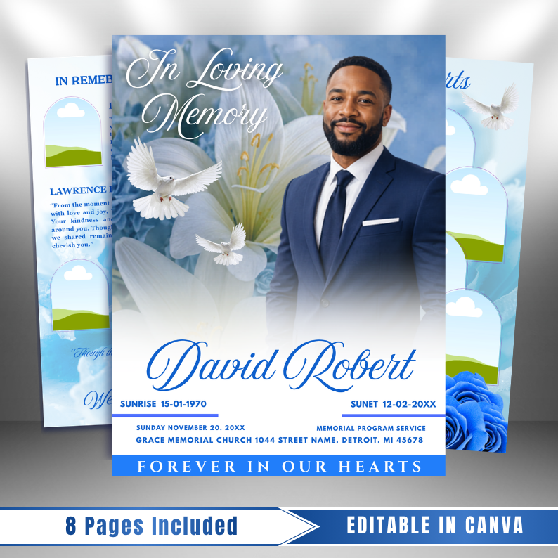 Blue Funeral Program Template: 8-Page Memorial (Canva, PDF Download)