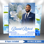Blue Funeral Program Template: 8-Page Memorial (Canva, PDF Download)