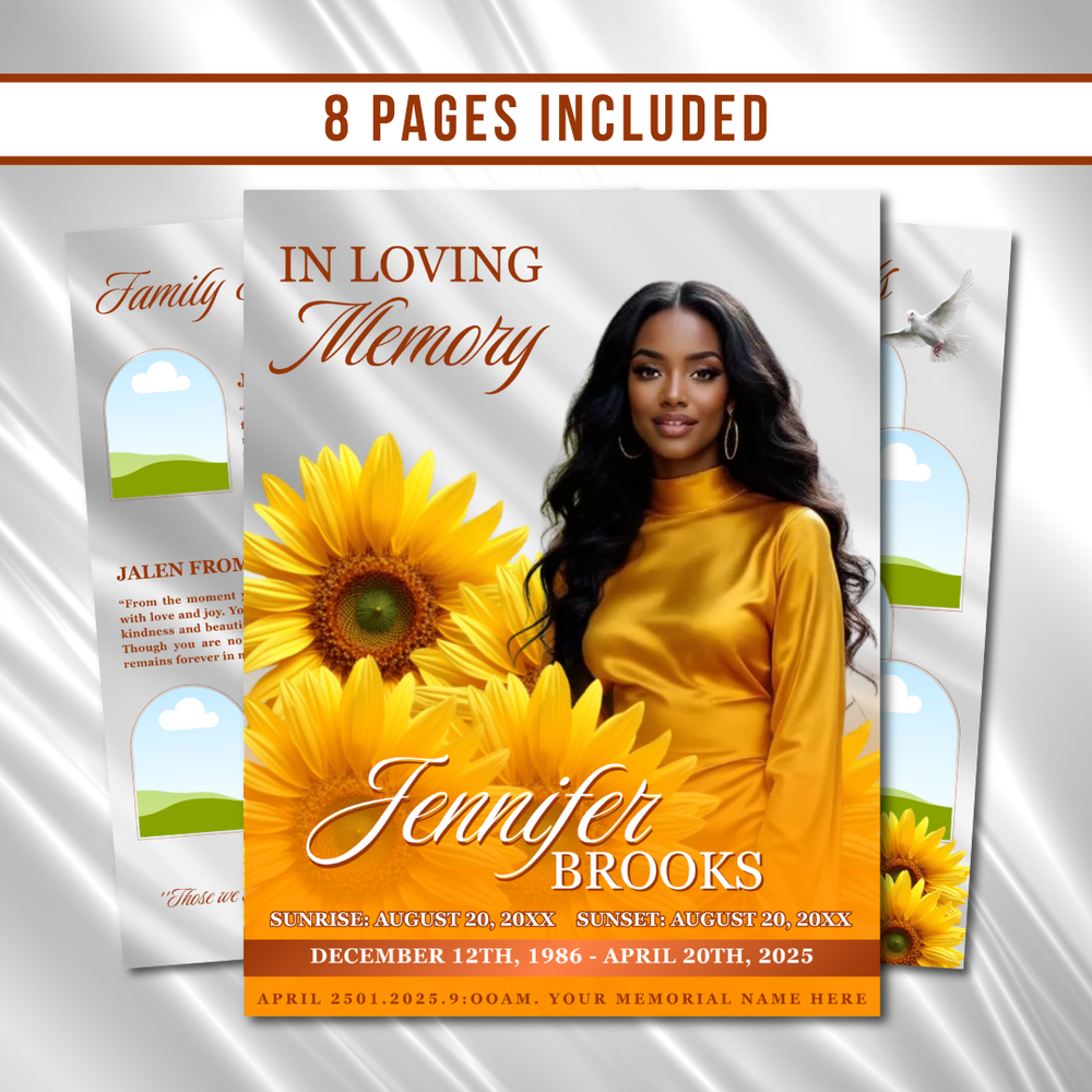 Yellow Roses Funeral Program Template: 8-Page Memorial (Canva PDF)