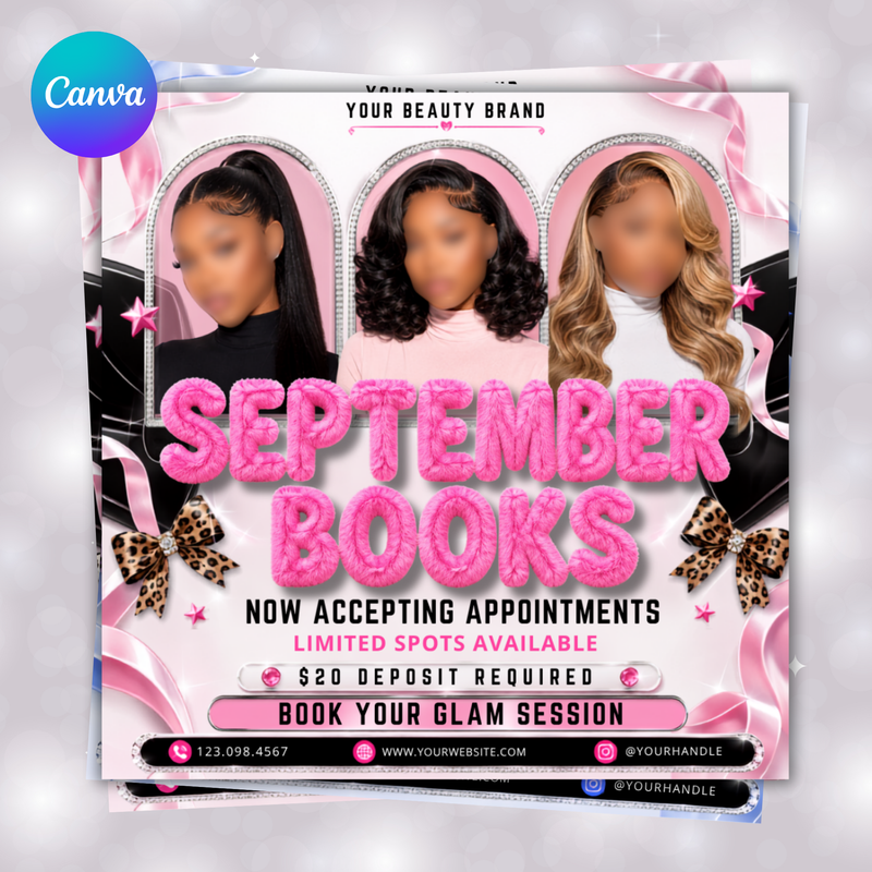 Pink September Booking Flyer, September flyer, Fall Booking Flyer, September Books Open, Wig Install, Lash Nail, Editable in Canva