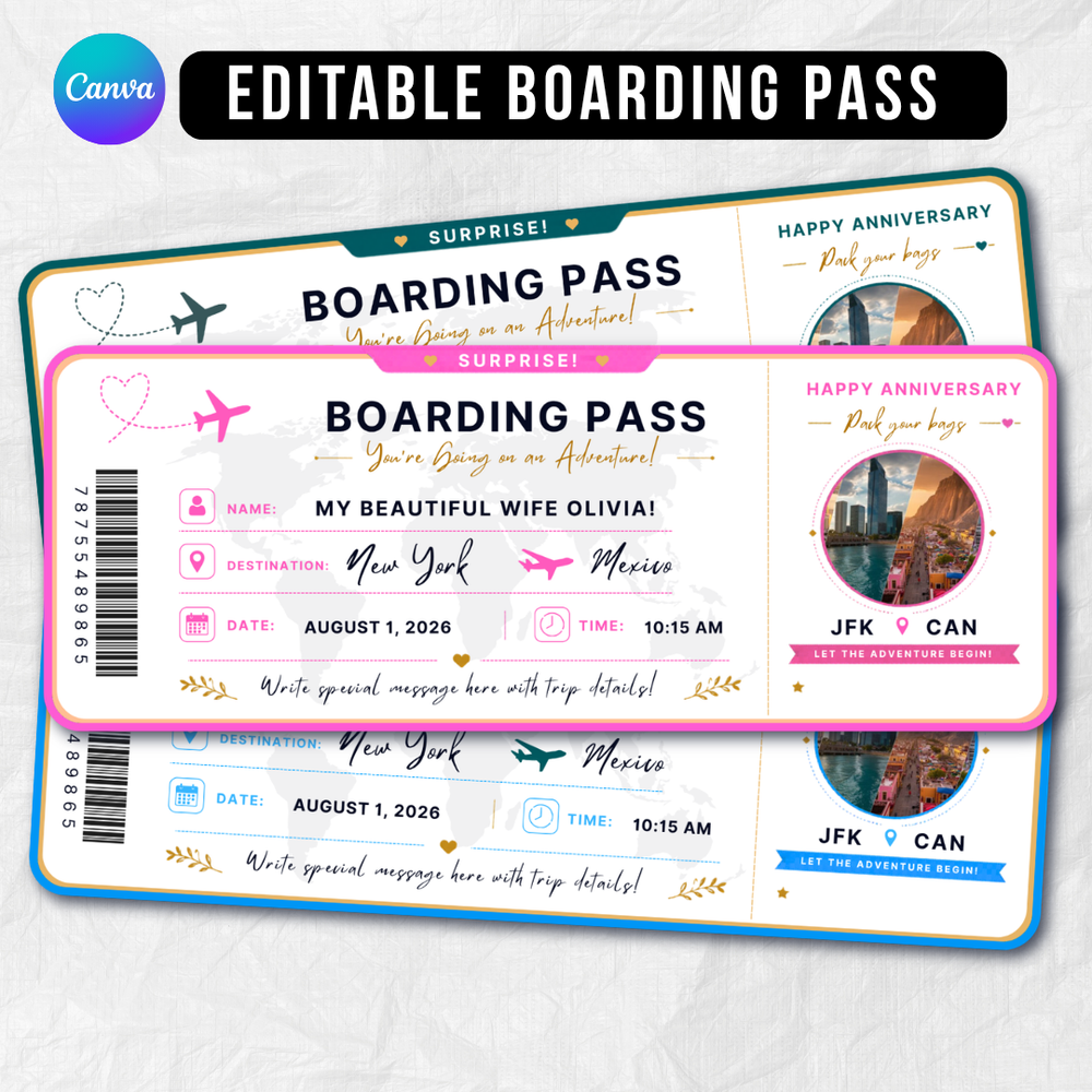 Editable Boarding Pass Template: Canva Customizable Plane Ticket (Instant Download)