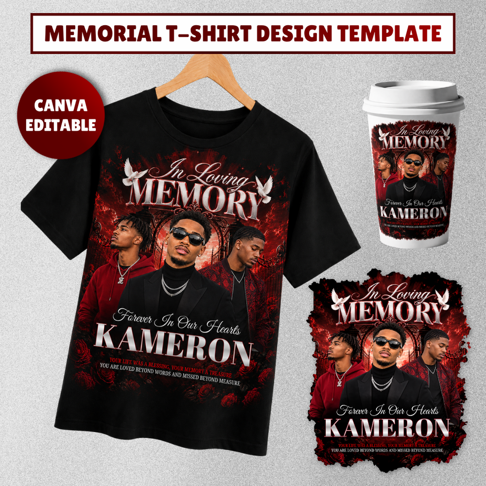 Memorial T-Shirt Canva Template, Red Heavenly In Loving Memory, Celebration of Life Design