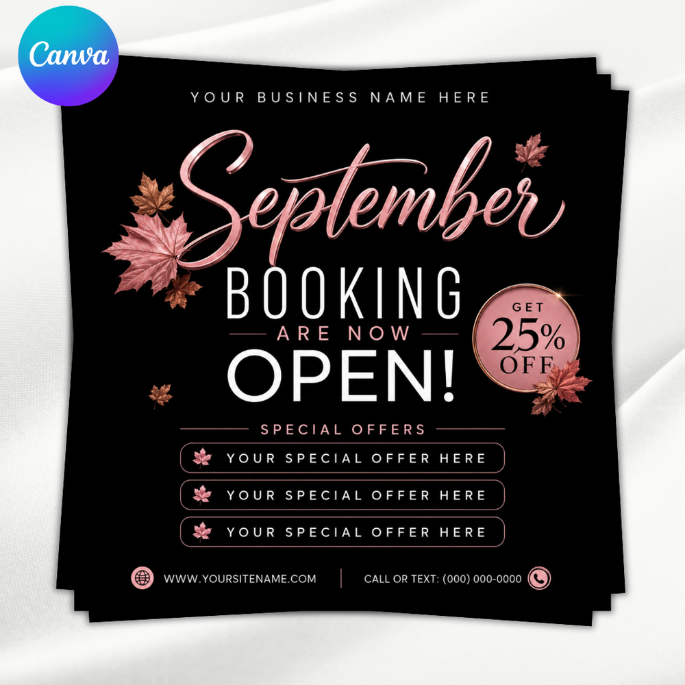 September Booking Flyer, Fall Booking Flyer, September Books Open Flyer, Hair Nails Wig Install Flyer, Salon Flyer, Editable Canva Template