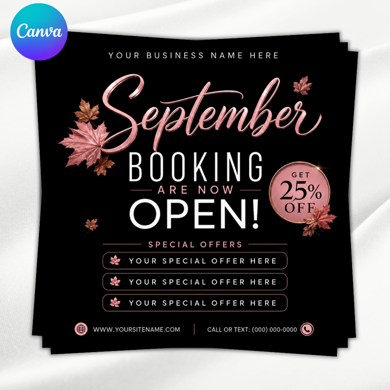 September Booking Flyer, Fall Booking Flyer, September Books Open Flyer, Hair Nails Wig Install Flyer, Salon Flyer, Editable Canva Template