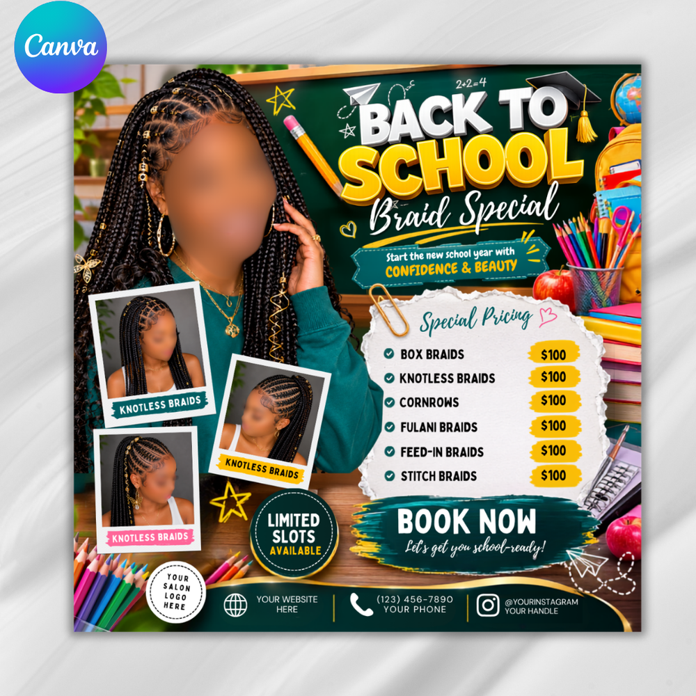 Back to School Hair Flyer: Braid Special, DIY Canva Template Canva Editable