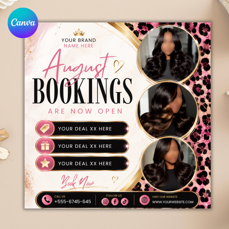 Leopard Print August Booking Flyer, Hair Braid Lash Brow (Digital Download)
