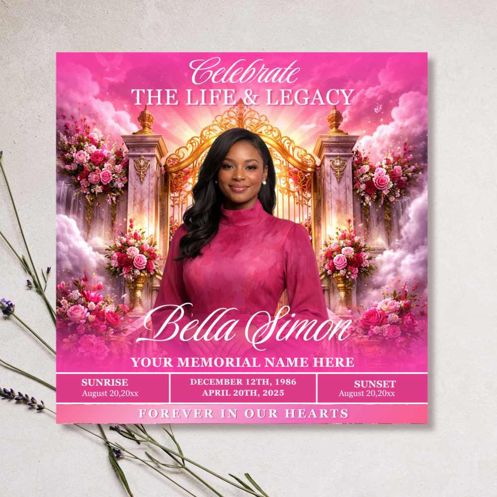 Pink Roses Funeral Announcement Flyer: Celebration of Life Invitation (Canva Template, Digital Download, 8x8