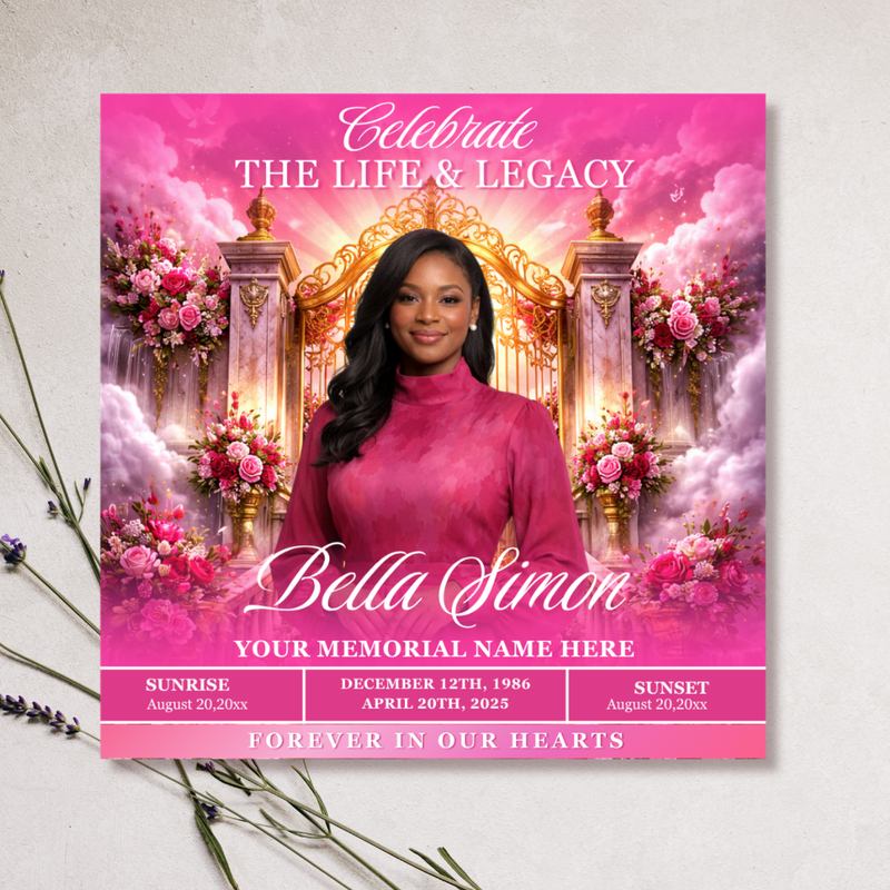 Pink Roses Funeral Announcement Flyer: Celebration of Life Invitation (Canva Template, Digital Download, 8x8