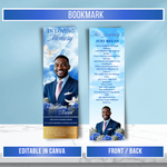 Blue Roses Memorial Bookmark Template: Funeral Keepsake (Canva PDF)