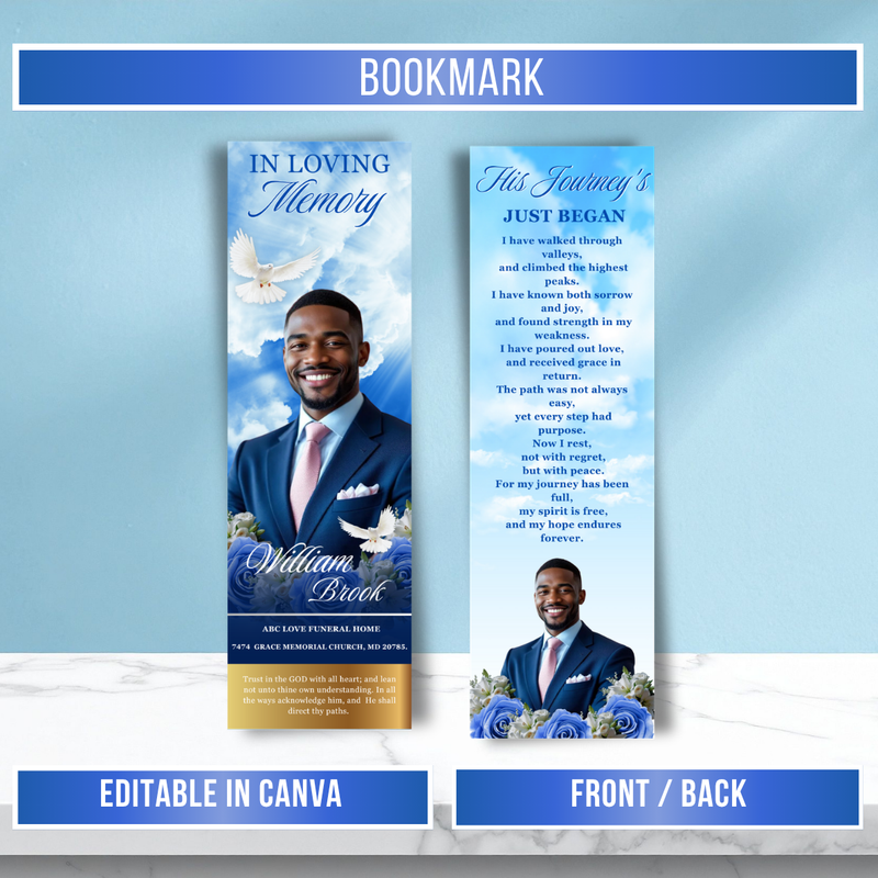 Blue Roses Memorial Bookmark Template: Funeral Keepsake (Canva PDF)