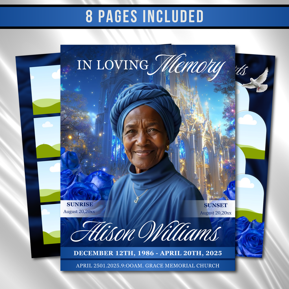 Blue Floral Funeral Program Template, 8-Page Memorial (Canva, PDF)