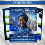 Blue Floral Funeral Program Template, 8-Page Memorial (Canva, PDF)